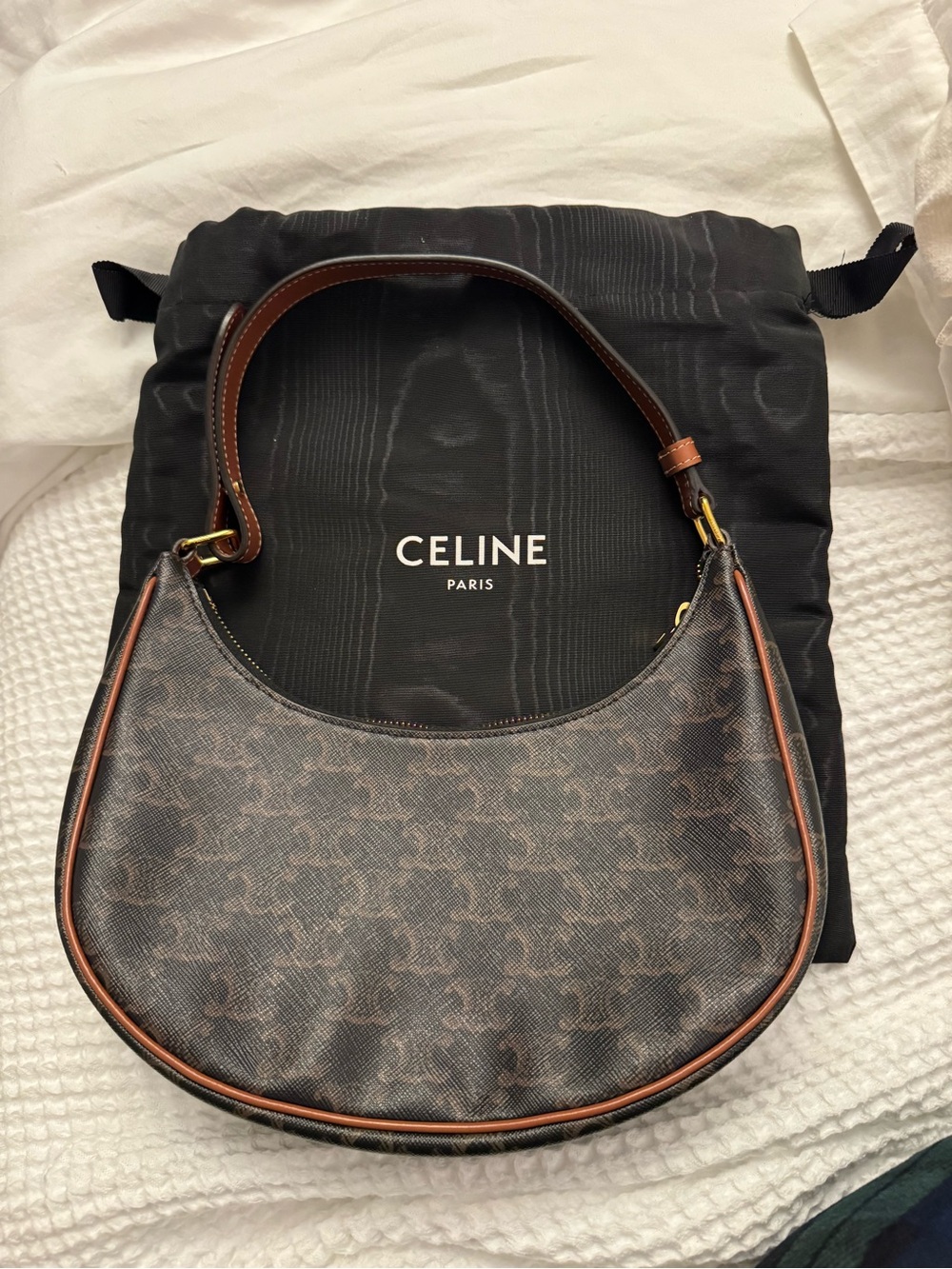 Authentic Celine Ava Shoulder Bag in Triomphe Canvas and Tan Calfskin Leather